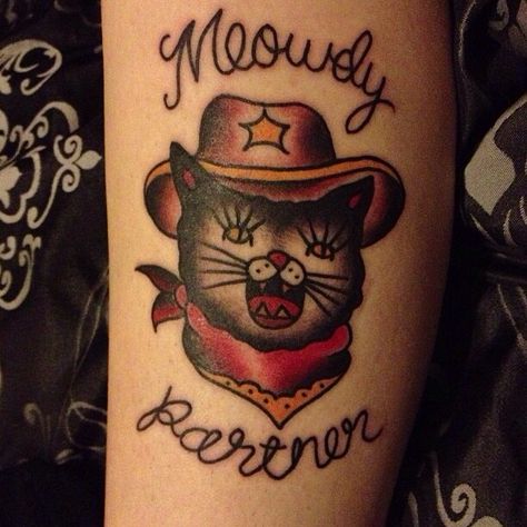 Meowdy Partner tattoo: Cowboy kitty Cat Portrait Tattoos, Partner Tattoos, Cowboy Tattoos, Uk Streetwear, Christian Sleeve Tattoo, Tattoos Inspiration, Back Of Shoulder Tattoo, Tattoo Clothing, Shoulder Tattoos For Women