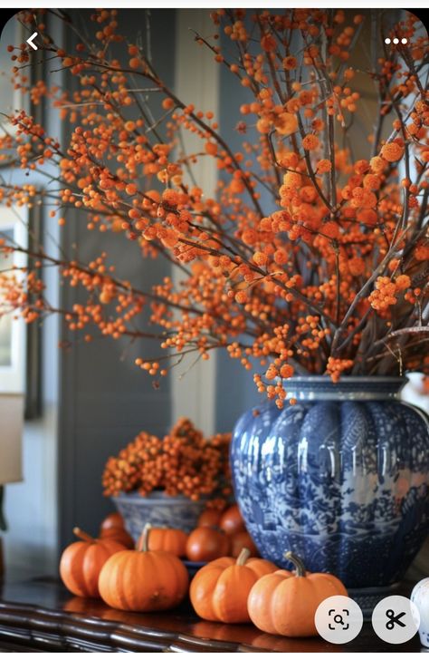 Outdoor Fall Centerpieces, Fall Blue And Orange Decor, Blue And White Fall Decor Ideas, Fall Decor With Blue Accents, Luxury Living Room Aesthetic, Fall Images Autumn Beautiful, Fall Decor Ideas For The Home, Minimalist Luxury Living Room, Blue And White Fall Decor