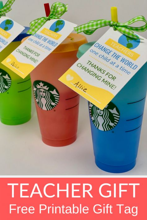 Starbucks Color Changing Cups Teacher Gift with Free Printable Gift Tag Daycare Gifts, Daycare Teacher Gifts, Color Changing Cups, Teachers Appreciation Week Gifts, Appreciation Gifts Diy, Teacher Holiday Gifts, Teacher Appreciation Gifts Diy, Restaurant Gift Cards, Teacher Gift Tags