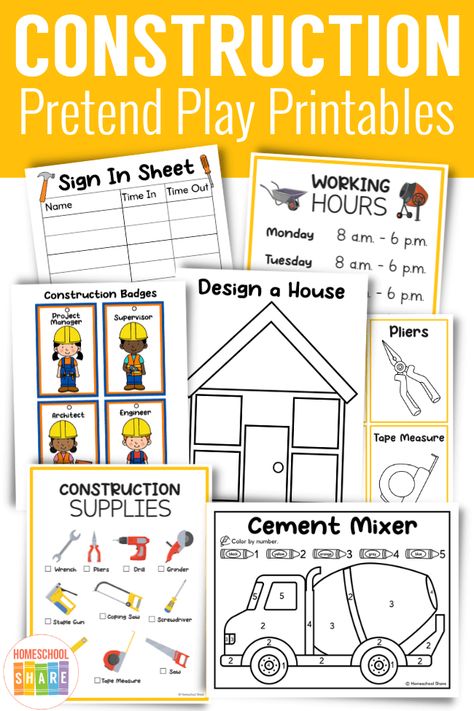 Construction Dramatic Play - Homeschool Share Building Dramatic Play Preschool, Construction Theme Dramatic Play, Construction Dramatic Play Printables, Construction Lesson Plans Preschool, Preschool Construction Theme, Dramatic Play Printables Free, Construction Dramatic Play, Community Helpers Preschool Activities, Pretend Play Printables