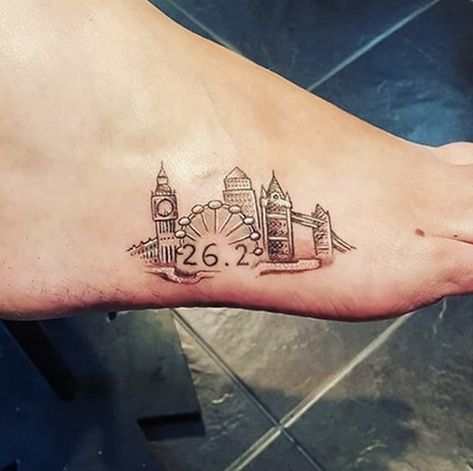 Marathon Tattoo Ideas, London Skyline Tattoo, Marathon Tattoo, Runner Tattoo, Tiny Foot Tattoos, Cute Foot Tattoos, Skyline Tattoo, Running Tattoo, London Marathon