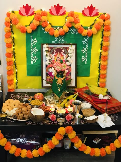 Diwali Puja Setup, Simple Pooja Backdrop Ideas, Rangoli Backdrop Decoration, Simple Puja Decoration At Home, Varalaxmi Vratham Decoration, Varalakshmi Vratam Decoration, Backdrop Painting Ideas, Vaibhav Lakshmi Pooja Decoration, Haritalika Pooja Decoration