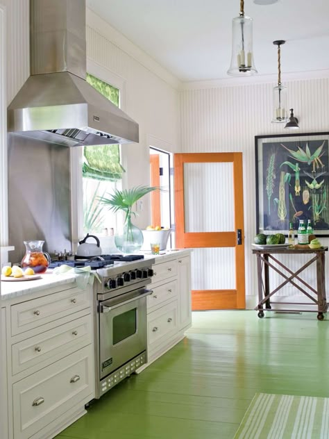 Beachy Kitchens, Tropical Kitchen, Painted Wood Floors, Cottage Room, Beach Kitchens, Beach House Kitchens, Painted Floor, Green Flooring, Style Cottage