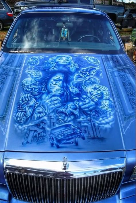 Car Paint Design, Chicana Culture, Custom Car Paint Jobs Art, Custom Car Paint Jobs, Lowrider Murals, Lowrider Murals Art, Cars Mural, 63 Impala, Lowrider Model Cars