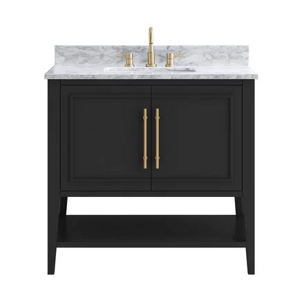 Black Bathroom Vanity 36”, Powder Room Vanity 30 Inch, Black Vanity Marble Top, Half Bath With Black Vanity, Black Bath Vanity, Black Vanity With Gold Hardware, Black Bathroom Vanity With Gold Hardware, Black Powder Room Vanity, Black Vanity Powder Room