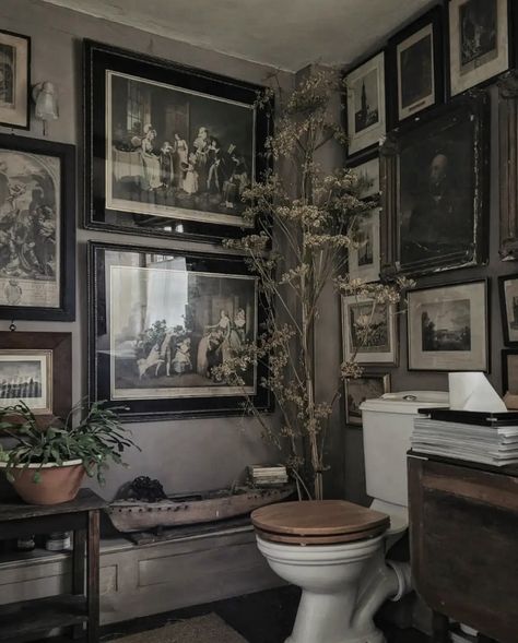 Art Nouveau Powder Room, Dark Academia Bathroom, Dark Academia Kitchen, Apothecary Bathroom, Dark Academia Interior, Bathroom 2024, Dark Academia Decor, Floor Ideas, Rustic Bathrooms