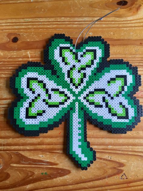 St Patrick’s Day Perler Bead Shamrock Celtic Window Door Decoration Perler Bead Shamrock, Celtic Perler Bead Patterns, St Patrick’s Day Perler Beads, Bead Shamrock, St Patricks Crafts, Perler Creations, Melty Bead Patterns, Easy Perler Beads Ideas, Fuse Bead Patterns