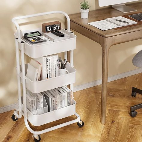 3-Tier Rolling Utility Cart, Multifunctional Metal Organization Storage Cart with 2 Lockable Wheels for Office, Home, Kitchen, Bedroom, Bathroom, Laundry Room by Pipishell (White) Slim Storage, Rolling Utility Cart, Organization Cart, Mobile Shelving, Printer Stand, Multifunctional Storage, Utility Cart, Rolling Cart, Dorm Room Essentials