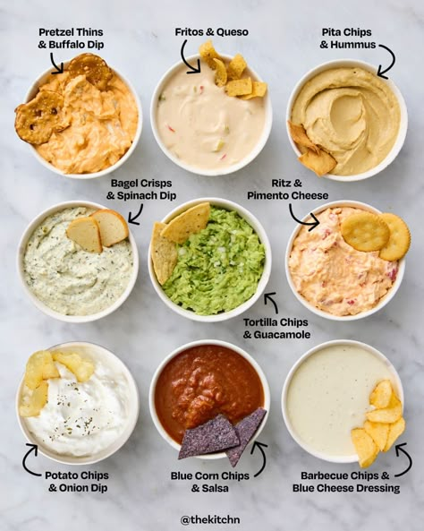 grid of 9 different chip and dip pairings Chip And Dip Board, Best Chip Dip, Bagel Crisps, Dip Board, Blue Corn Chips, Board Night, Dip Bar, Best Chips, Charcuterie Inspiration