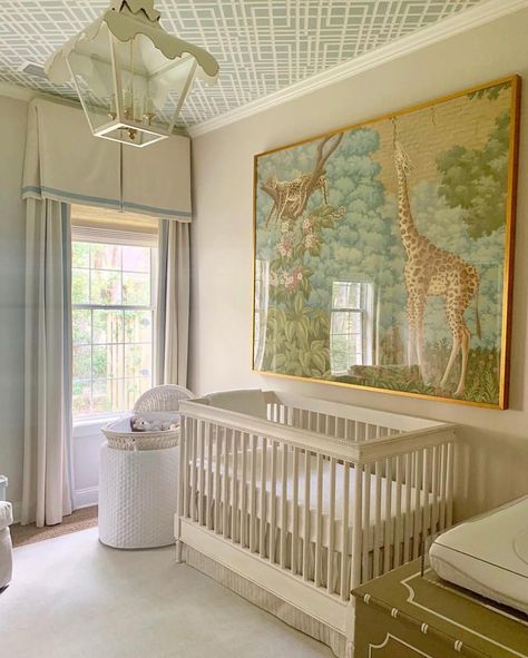 Anne Wagoner Interiors on Instagram: “What nursery dreams are made of... ✨ DESIGN: @katiegibsoninteriors” Nursery Mural Neutral, Crib Under Window, Nursery Ideas Luxury, Vw Nursery, Classic Nursery Ideas, Interior Design Nursery, French Country Nursery, Cece Barfield, Nursery Cribs