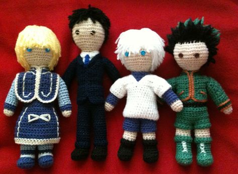 Amigurumi versions of the four main characters from Hunter x Hunter: Kurapika, Leorio, Killua, and Gon Hunter X Hunter Crochet, Hunter X Hunter Kurapika, Kurapika Leorio, Killua And Gon, Amigurumi For Beginners, Kawaii Things, Amigurumi Elephant, Fun Crochet Projects, Crafts With Pictures