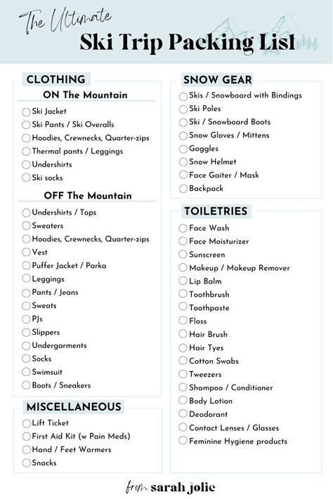 The Ultimate Ski Trip Packing List, including clothing, snow gear, toiletries and more. Ski Trip Fashion, Ski Trip Essentials, Ski Trip Packing List, Ski Trip Aesthetic, Ski Trip Packing, Ski Pack, Ski Trip Outfit, Road Trip Kit, Trip Packing List