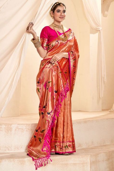 Salmon Orange Zari Woven Paithani Tissue Silk Saree Lehenga Style Saree, Zari Saree, Tissue Silk Saree, Readymade Salwar Kameez, Salmon Orange, Pinkish Orange, Cotton Salwar Kameez, Orange Saree, Saree Designer