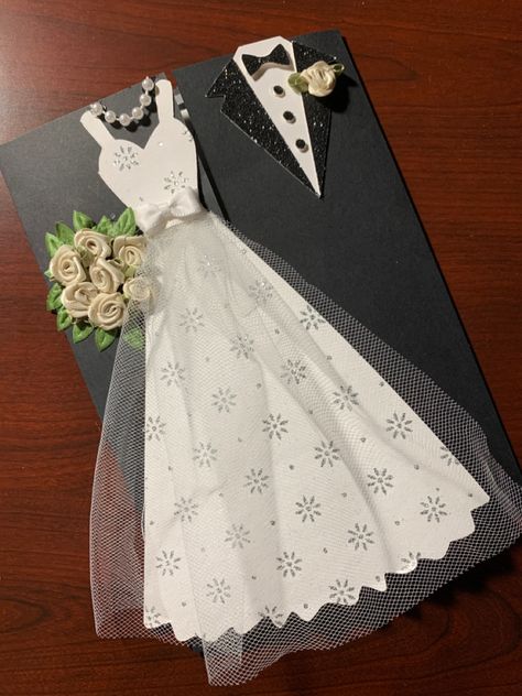 Wedding dress, tuxedo, wedding card, bouquet Homemade Wedding Cards, Card Black And White, Happy Birthday Cards Handmade, Groom Card, Bride Card, Unique Wedding Cards, Dress Card, Wedding Cards Handmade, Wedding Invitation Card Design