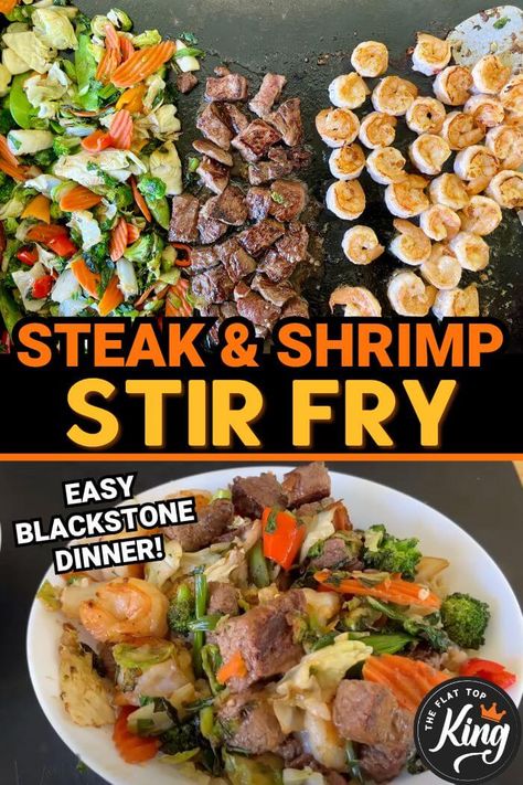 Looking for easy stir fry recipes to make on the Blackstone griddle?  This steak and shrimp stir fry is one of our favorite Blackstone griddle recipes when we're wanting a healthy griddle dinner!  Loaded with vegetables, marinated steak, and delicious bang bang-style shrimp, this griddle stir fry recipe will be one of your go-to griddle recipes for the family! Blackstone Grill Stir Fry Recipes, Steak Stir Fry Blackstone, Shrimp Stir Fry On Griddle, Stir Fry On Griddle, Griddle Stir Fry Recipes, Stir Fry On Flat Top Grill, Summer Meals On The Blackstone, Blackstone Shrimp Stir Fry, Stir Fry Recipes Blackstone