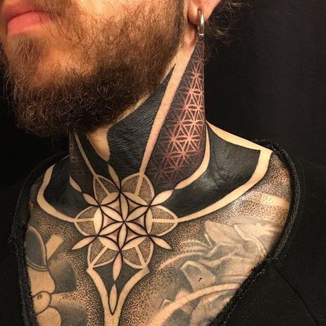 Blackwork Chest Tattoo, Geometric Throat Tattoo, Geometric Tattoo Neck, Geometric Sleeve Tattoo, Throat Tattoo, Planet Tattoos, Cool Chest Tattoos, Pieces Tattoo, Chest Tattoos