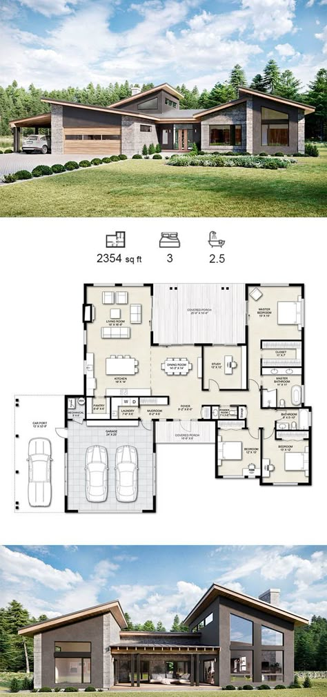 modern house plan, modern mid-century house, home design One Story Courtyard House Plans, U Shaped House Interior, Modern Courtyard House Plans, Midcentury Modern Home Floorplan, U Shaped House Exterior, House 150 M2 Plan, Mid Century Modern Exterior 2 Story, Modern Home Floor Plans Open Concept, Indoor Outdoor Living Floor Plans