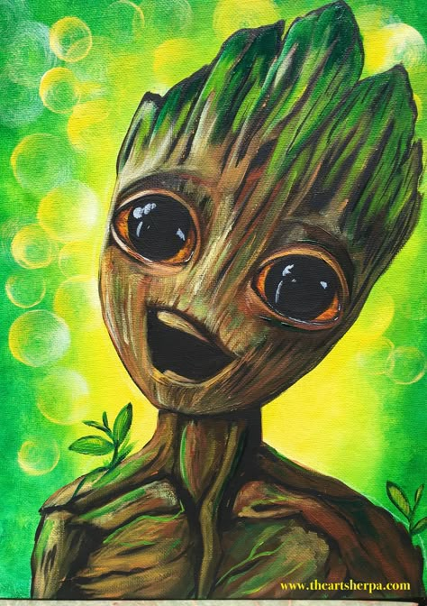 LIVE Baby Groot Guardians of the Galaxy 2 Beginners learn to paint full acrylic art lesson. Together we will paint this awesome Baby Groot. I will show you how to create each layer explained fully. The Art Sherpa Acrylic Canvas Painting Ideas, Marvel Paintings, Canvas Painting Ideas For Beginners, The Art Sherpa, Acrylic Canvas Painting, Disney Paintings, Painting Ideas For Beginners, Simple Acrylic, Canvas Painting Ideas