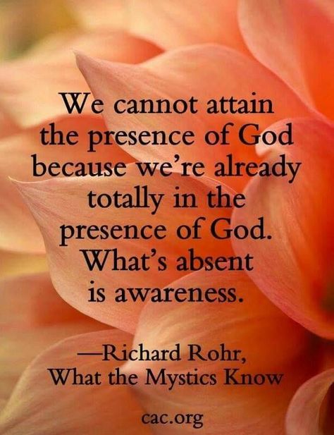 Richard Rohr - "We cannot attain the presence of God because we're already totally in the presence of God. What's absent is awareness." Richard Rohr Quotes, Richard Rohr, Centering Prayer, Thinking About Him, Contemplative Prayer, Ace Of Swords, The Presence Of God, Presence Of God, Spiritual Formation