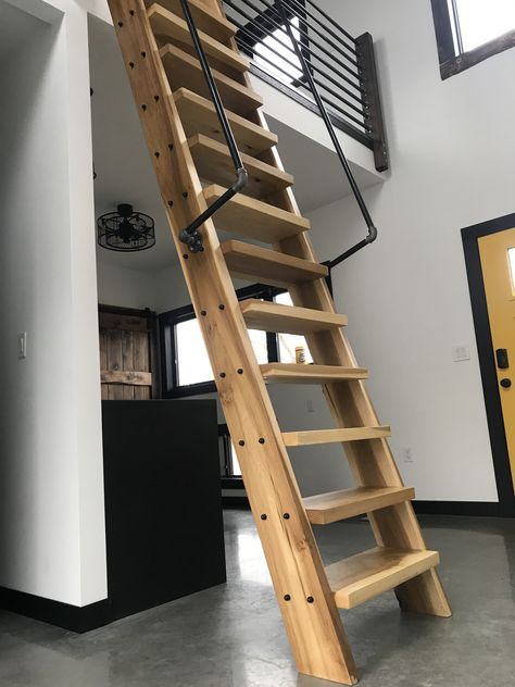 Industrial ladder, loft ladder, gas pipe ladders Loft Ladder Ideas, Ship Ladder, Space Saving Staircase, Loft Railing, Ladder Ideas, Loft Staircase, Ladder Stairs, Stair Ladder, Cabin Loft