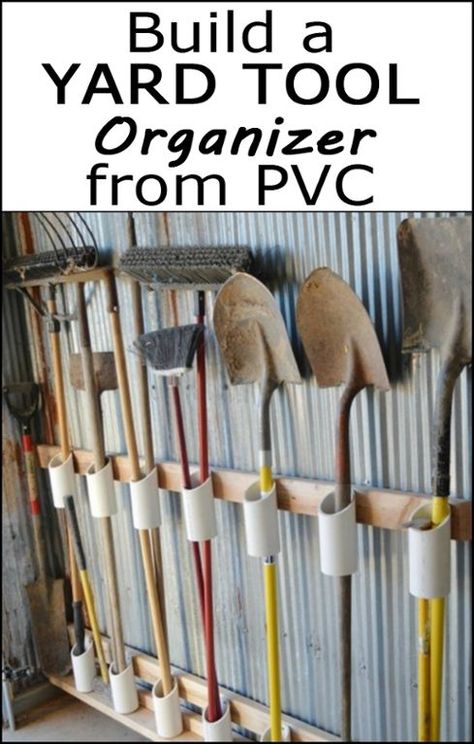 Organize your yard tools by building a yard tool organizer from recycled PVC! Organize Yard Tools In Garage, Yard Tools Storage Ideas, Garage Yard Tool Storage Ideas, Tool Storage Garden, Diy Garden Tool Holder, Outdoor Tool Storage Ideas, Yard Tool Organization, Garden Tool Storage Diy, Garden Shed Organization Ideas