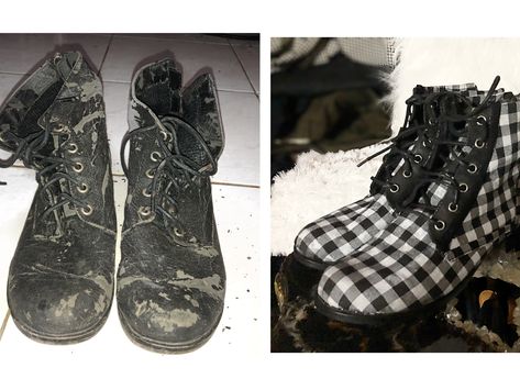 Diy Combat Boots Makeover, Boots Makeover, Shoe Transformation, Vinyl Boots, Boots Diy, Shoe Makeover, Fabric Boots, Creative Sewing, Army Boots