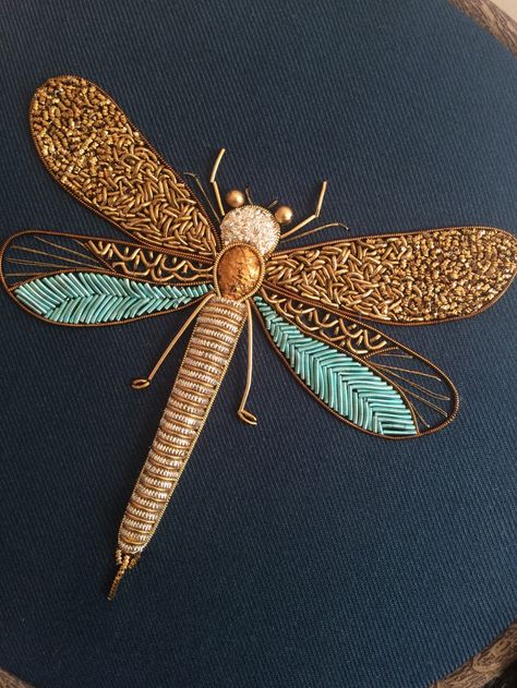 Shimmering Metallic Embroideries of Dragonflies and Other Insects by Humayrah Bint Altaf | Colossal Gold Work Embroidery, New Embroidery Designs, Brazilian Embroidery, Embroidery Motifs, Handwork Embroidery Design, Bead Embroidery Jewelry, Sewing Embroidery Designs, Hand Embroidery Art, Embroidery Jewelry