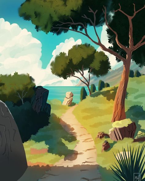 Currently in love with the Studio Ghibli style of landscape painting. I love the light, the way it just makes the paintings pop! This painting is based on @floortjesart tutorial. I will definitely be making more of these! #landscape #digitalart #procreate #ipadprocreate Studio Ghibli, Landscape Paintings, Digital Art, Instagram, Art