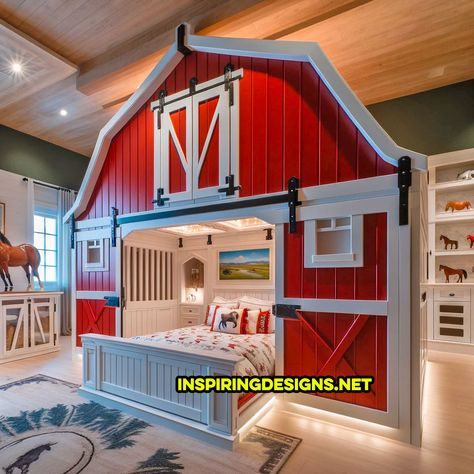 Have you ever imagined a barnyard adventure right in your kid’s bedroom? Well, guess what? With barn shaped kids beds, that dream is now a reality! These aren’t just any beds; they’re a ticket to a whimsical world of farmyard fun. Picture this: a vibrant, red gabled canopy bed, complete with charming white trim. It’s … Barnyard Bedroom, Bed Kind, Horse Room Decor, Horse Themed Bedrooms, Kids Barn, Landry Room, Cowboy Room, Barnyard Theme, Barn Bedrooms