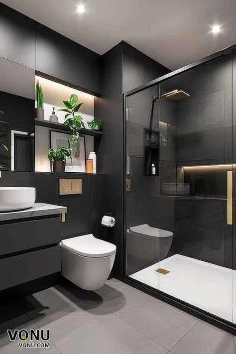 15 Stunning Bathroom Designs to Inspire Your Next Remodel – VQNU Bathroom Interior Design Luxury Modern, Luxury Black Bathroom, Black Modern Bathroom, Best Bathroom Paint Colors, Neutral Bedroom Design, Bathroom Interior Design Luxury, Bathroom Lighting Ideas, Utility Room Designs, Modern Greenery