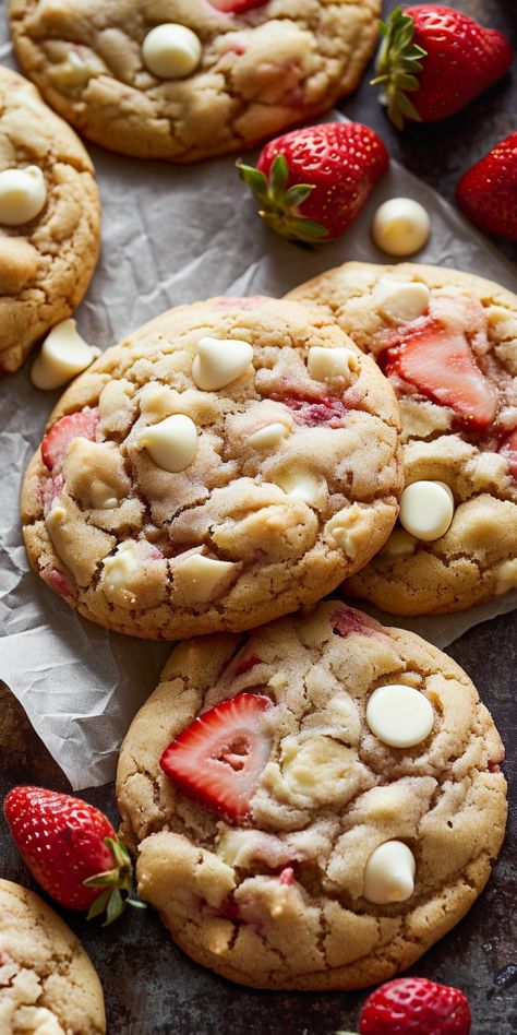 White Chocolate Chip Valentine Cookies, White Chocolate Chip Recipes Easy, How To Make Strawberry Cookies, Strawberry White Chocolate Chip Cookies Recipe, Cookie Recipes With White Chocolate Chip, Strawberry And White Chocolate Cookies, White Chocolate Strawberry Cookies, Valentine Chocolate Chip Cookies, Easy Summer Cookies