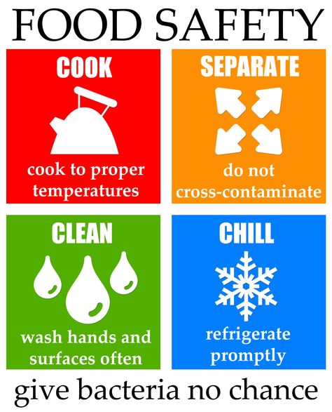 There are 4 simple steps you can take to protect yourself and your family from food poisoning: 1. Clean: Wash hands and surfaces often. 2. Separate: Separate raw meats from other foods. 3. Cook: Cook to the right temperature. 4. Chill: refrigerate food promptly.  #FoodSafety Food Safety Posters, Food Safety And Sanitation, Food Safety Training, Food Safety Tips, Rules For Kids, Kitchen Safety, Camping Inspiration, Safety Signs, Safety Posters