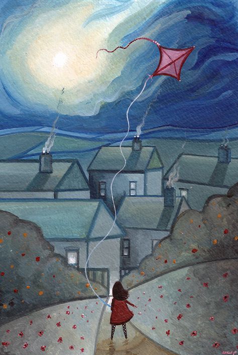 Kite flying by the moonlight by JadeMoonRabbit  deviantart.com Moonlight Acrylic Painting, Kite Painting, Kite Illustration, Fun Frames, Village Drawing, Fly Drawing, Red Kite, Go Fly A Kite, Kite Festival