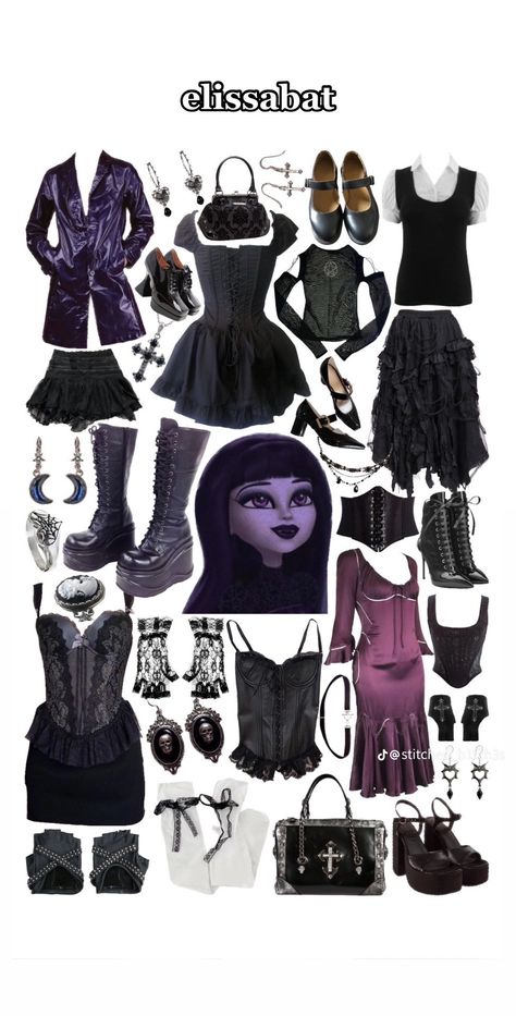 Elissabat Outfit Inspiration, Monster High Characters Outfits, Monster High Core Outfits, Monster High Themed Outfits, Draculara Inspired Fit, Monster High Closet, Monster High Characters Aesthetic, Elissabat Outfit, Elissabat Cosplay