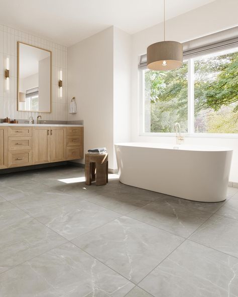 Instagram Large Grey Bathroom Floor Tile, Bathroom Tile Ideas Timeless, 24x24 Tile Floors, Bathroom Stone Floor, Master Bath Floor Tile, Marble Tile Bathroom Floor, Elegant Tile Flooring, Large Tile Bathroom, Grey Bathroom Floor