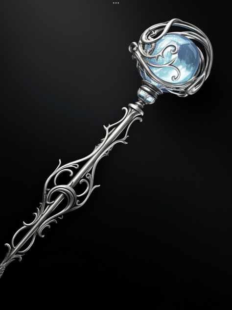 Silver Staff Fantasy Art, Scepter Magic, Ice Staff, Moon Scepter, 500 Drawing Prompts, Moon Staff, Fantasy Magician, Magical Staff, Staff Magic