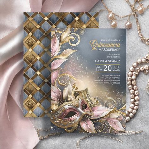 Quinceanera Masquerade Rose Gold ID1031 Masquerade Theme Quinceanera, Masquerade Quinceanera Ideas, Masquerade Quinceanera, Theme Quinceanera, Quinceanera Masquerade, Masquerade Invitations, Silver Color Palette, Mardi Gras Masquerade, Masquerade Theme