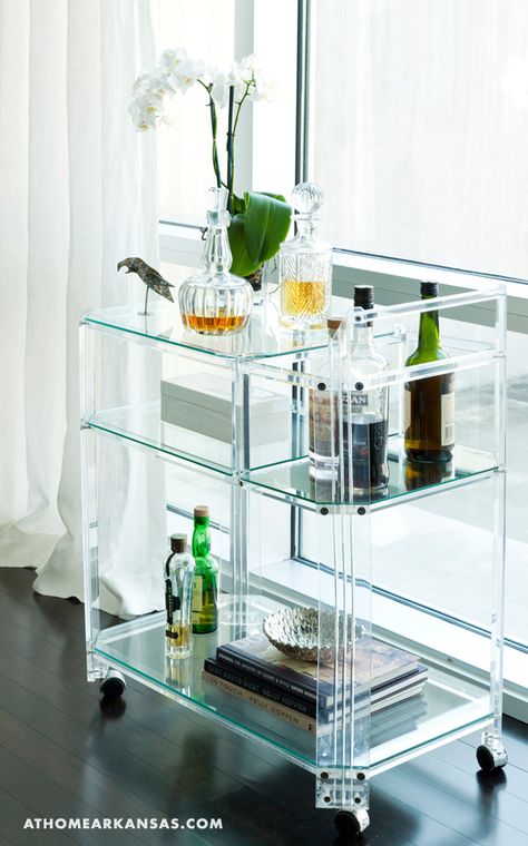 At Home in Arkansas | January/February 2015 | City Chic #barcart #Lucite @kevinwalsh @nancynolan Alcohol Cart, Acrylic Bar Cart, Vintage Bar Cart, Diy Bar Cart, Gold Bar Cart, Vintage Bar Carts, Bar Cart Styling, Decanter Decor, Acrylic Furniture