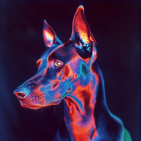 Today's Midjourney Experiment. Prompts: Doberman Pinscher, solarization effect, neon hallucinations, extreme close-up, chromatic aberration, cross processing, electric color schemes --stylize 200 --v 6 Newsletter Inspiration, Extreme Close Up, Doberman Pinscher, Chromatic Aberration, Live Events, Doberman, Close Up, Color Schemes, Electricity