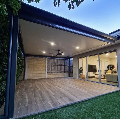 Roofed Outdoor Area, Stratco Outback Pergola, Stratco Cooldek, Garden Design Architecture, Roof Patio, Flat Roof Extension, Garage Pergola, Covered Patio Design, Dream Patio