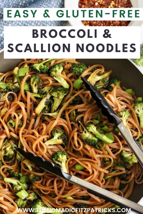 Gluten-Free Broccoli Scallion Noodles Gluten Free Rice Noodle Dishes, Healthy Noodle Alternative, Gluten Free Buttered Noodles, Gluten Free Asian Noodles, Gluten Free Stir Fry Rice Noodles, Low Fodmap Rice Noodle Recipes, Brócoli Recipes, Scallion Noodles, Vegetarian Asian