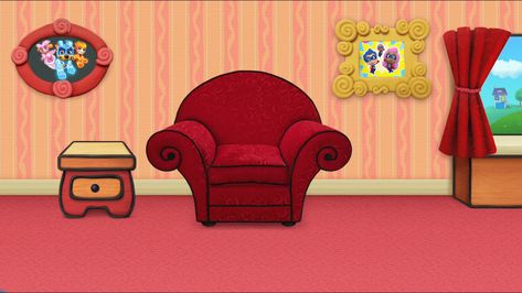 Nick Jr. Mighty Heroes Background Blue's Clues And You Living Room, With The Mighty Pups In The Felt Frame, And The Super Guppies On The Yellow Picture Frame. Bubble Guppies Theme, Blue Clues, Thinking Chair, Clue Party, Halloween Living Room, Baby Movie, Blue's Clues And You, Coraline Jones, 2nd Birthday Party Themes