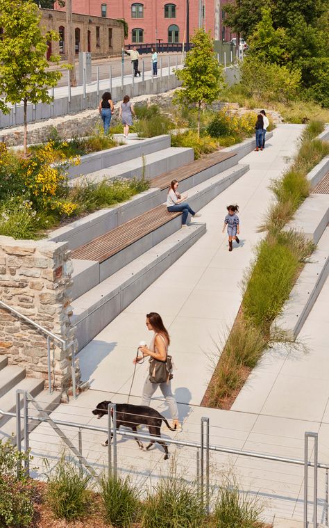 Minneapolis’ newest park is like a front porch on the Mississippi River Ramps Architecture, Ramp Stairs, Landscape Stairs, Ramp Design, Plaza Design, Linear Park, Park Landscape, Outdoor Stairs, Architecture Landscape