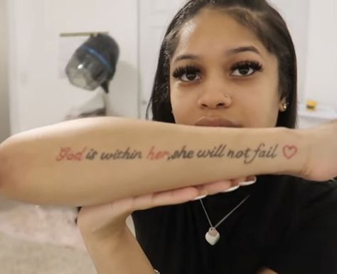 Female Word Tattoos, Christian Tattoos Black Women, God Is Within Her She Will Not Fail Tattoo, Unique Tattoos Black Women, First Tattoo Ideas, Hand Tattoos For Girls, Cute Hand Tattoos, Pretty Hand Tattoos, Neck Tattoos Women