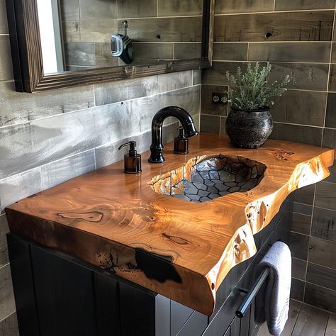 Elevate your bathroom with our handcrafted Live Edge Bathroom Sink. Featuring raw, organic edges and unique grain patterns, this sink brings rustic charm and natural beauty to any space. Experience the perfect blend of functionality and timeless design. Conceptual AI Art Follow @ecosapiens for more! Unique Wash Basin Ideas, Wooden Bathroom Sink, Rustic Sink Ideas, Live Edge Bathroom Counter, Live Edge Bathroom, Diy Sink Vanity, Cabins Interiors, Tiny Cabins Interiors, Rustic Bathroom Sinks