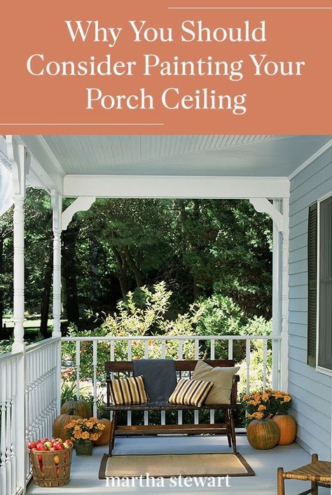 This is why you should consider painting your porch ceiling—and why so many people in the South paint their porch ceilings blue. Diy Front Porch Seating, Front Porch Wood Ceiling Diy, Extend Porch Ideas, Shiplap Front Porch, Front Porch Makeover Before After, Front Porch Wood Ceiling, Diy Covered Porch, Small Front Porch Remodel, Wood Ceiling Porch