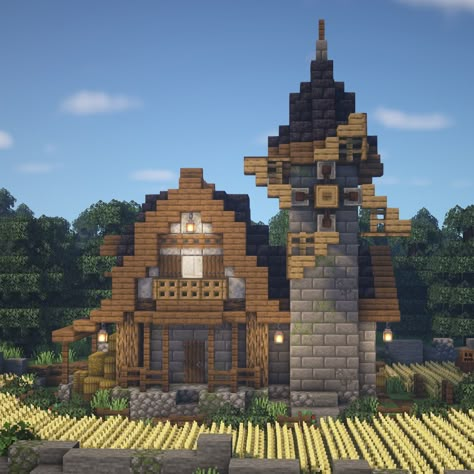 Minecraft A Medieval Windmill House Minecraft Farm Medieval, Medieval Farm Minecraft, Minecraft Medieval Builds, Medieval Windmill, Minecraft Medieval Buildings, Minecraft Brick, Minecraft Roof, Villa Minecraft, Minecraft Building Blueprints