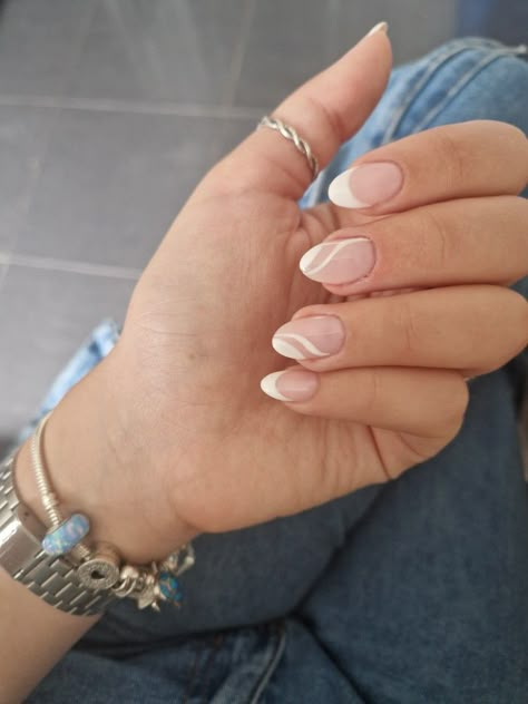 Cute Nail Designs Almond Shape Short, Almond Shape Cute Nails, Cute Nails Short Almond Shape, Short Almond Acrylic Nails Elegant, Short Almond Nails Boho, Simple French Tip Almond Nails, Almond Shaped Nails Short Design, Homecoming Nails Acrylic Almond, French Tip Inspo Nails Almond