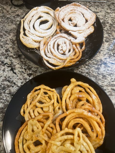 Glazed and powder sugar Funnel cakes, yum! Cake Measurements, Funnel Cakes, Powder Sugar, Funnel Cake, Powdered Sugar, Frying, Maple Syrup, Funnel, Vanilla Extract