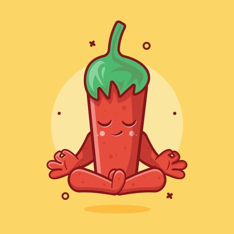 calm chili character mascot with yoga meditation pose isolated cartoon in flat style design Meditation Character Design, Meditating Character, Meditation Cartoon, Yoga Meditation Poses, Yoga Cartoon, Meditation Pose, Meditation Poses, Yoga Illustration, Character Mascot